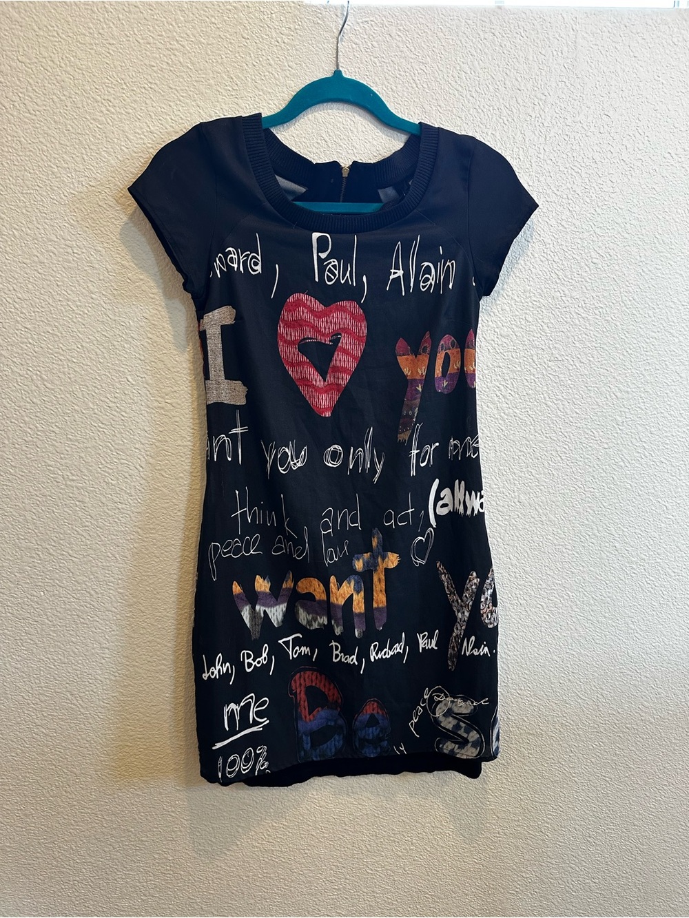 Desigual Graffiti Graphic Print Mini Dress XS Art Pop Art Sheer Sleeve - Picture 4 of 16